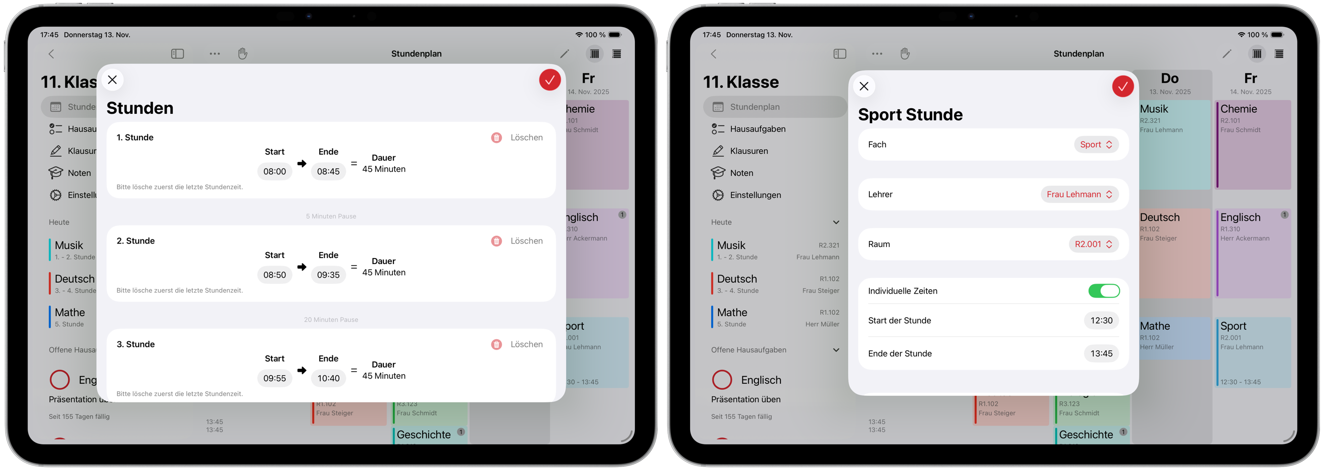 Screenshot der Stundenzeit-Einstellungen und individuellen Zeiten