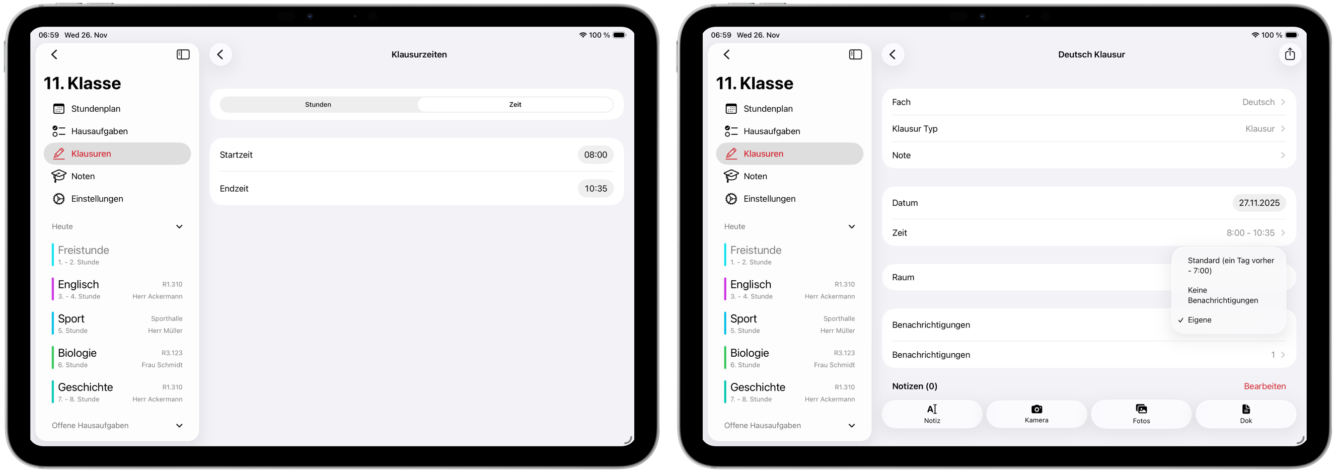 SchulPlaner Klausur Benachrichtigungen