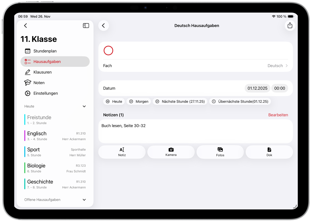 SchulPlaner Hausaufgaben Ansicht