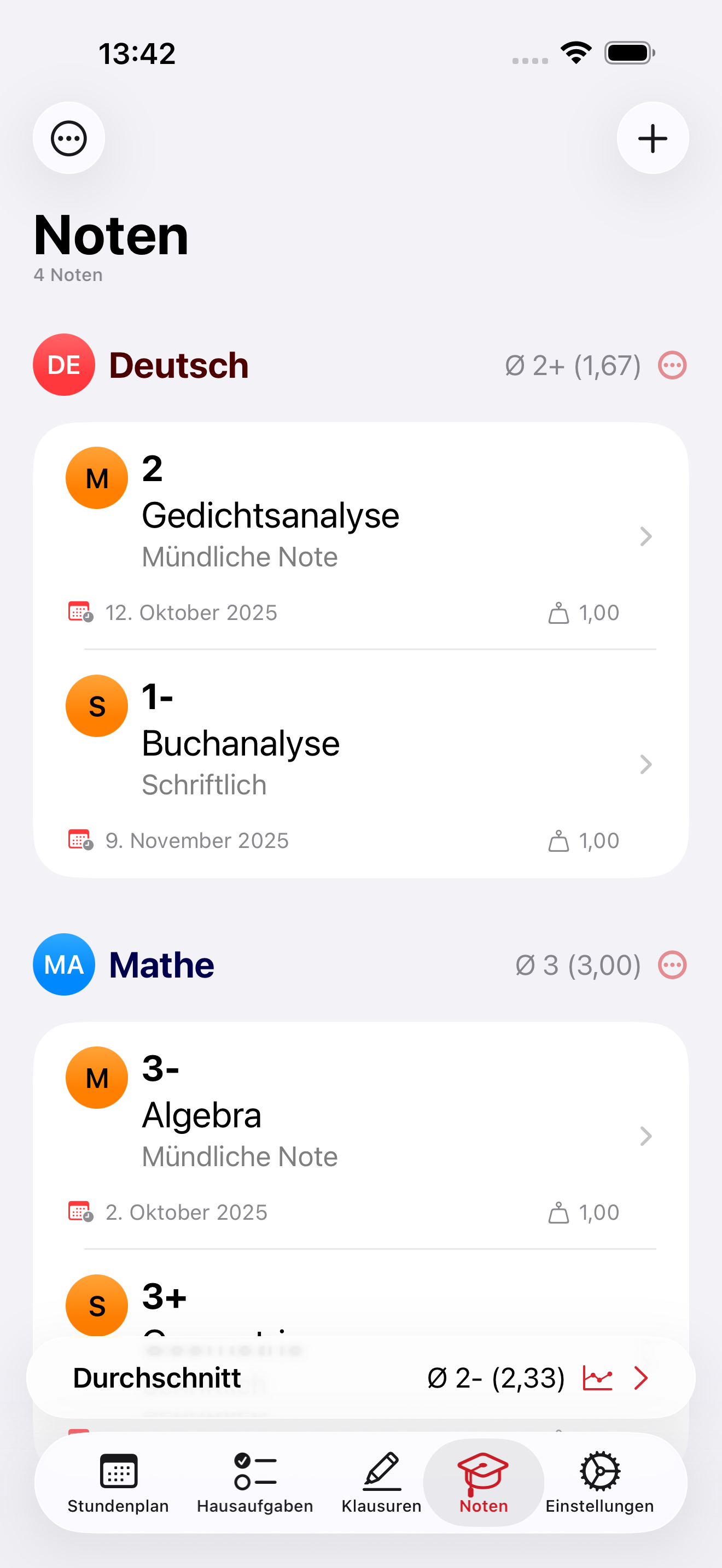SchulPlaner Noten auf dem iPhone