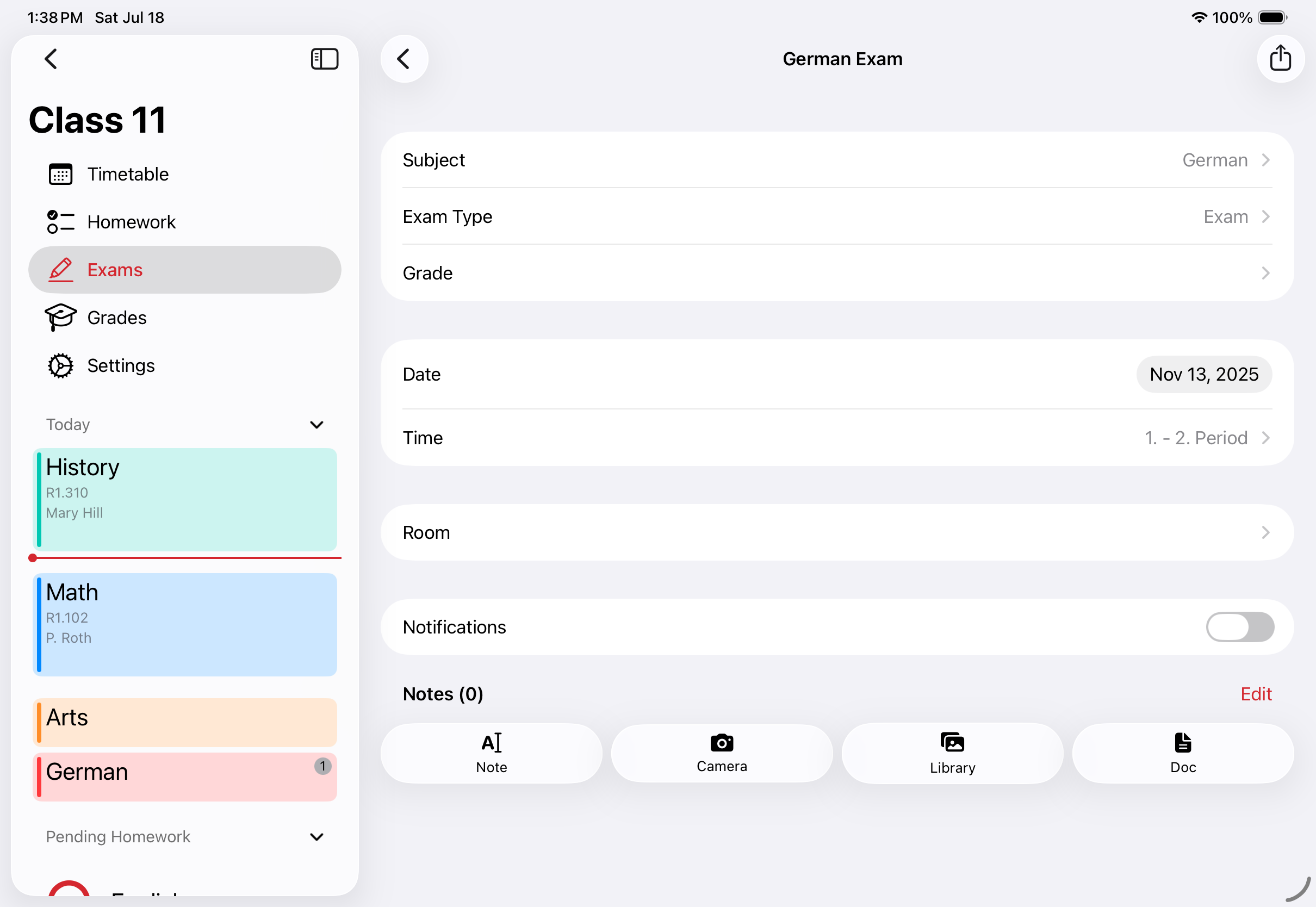 SchoolOrganizer exams on iPad