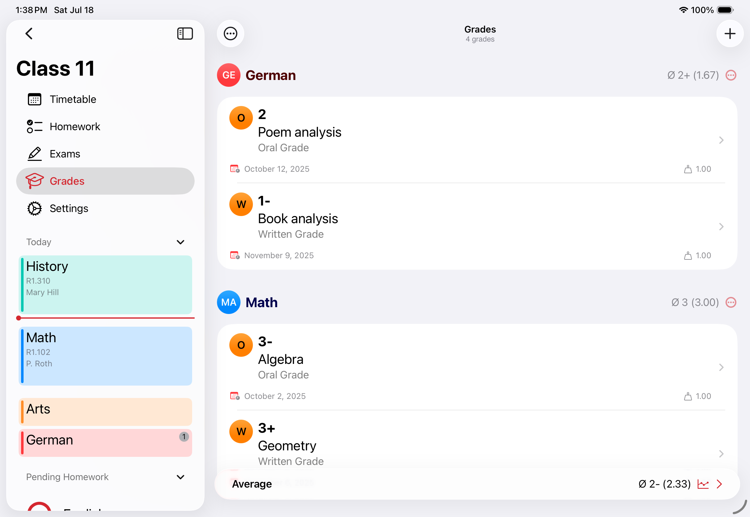 SchoolOrganizer grades on iPad
