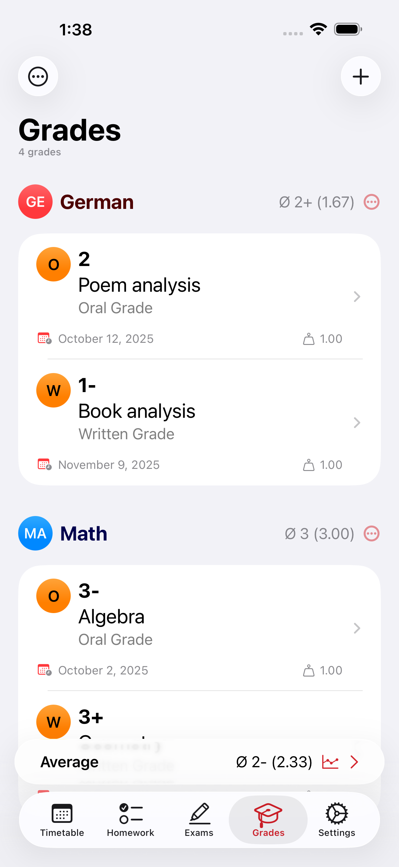 SchoolOrganizer grades on iPhone
