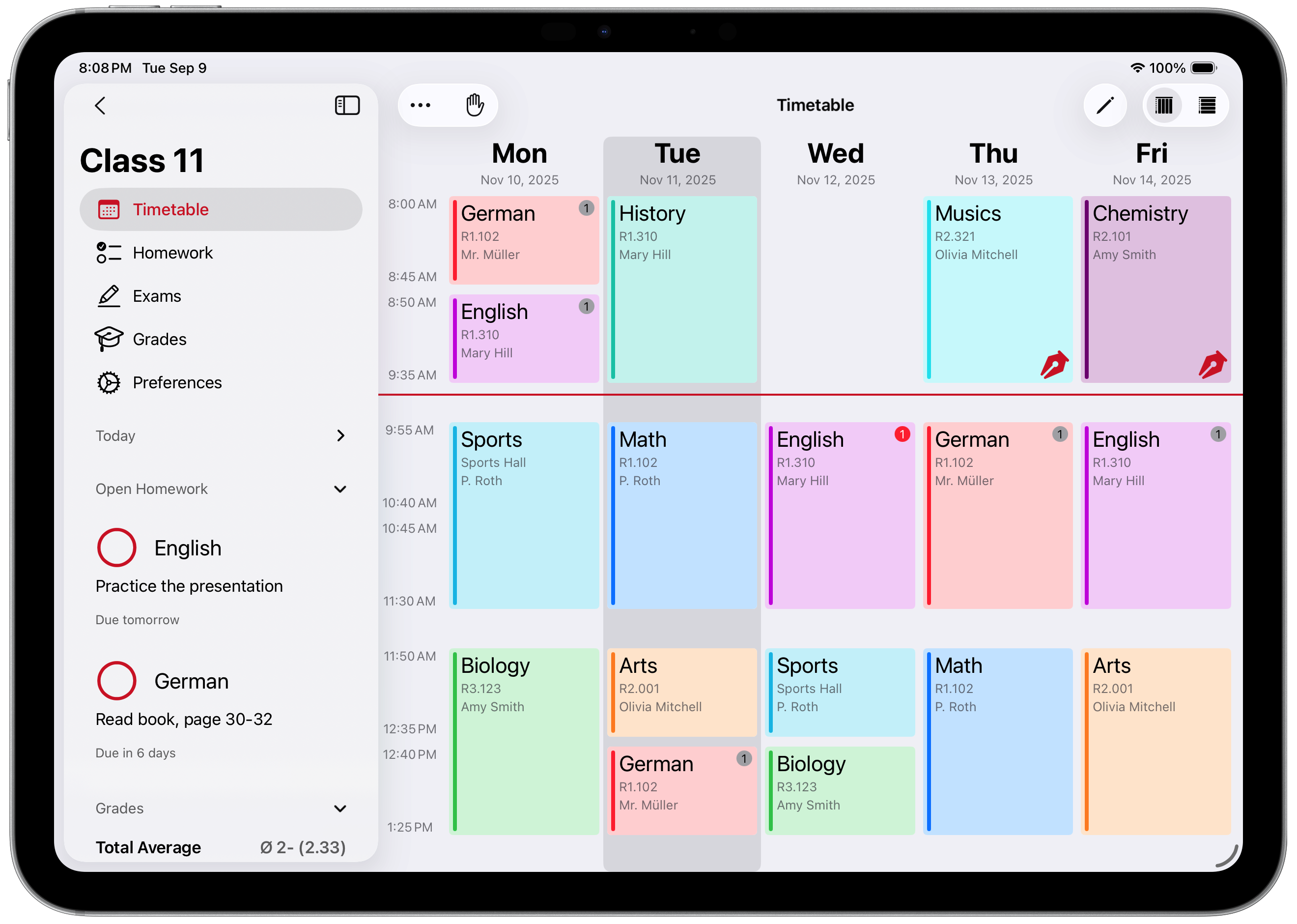 iPad app timetable screenshot